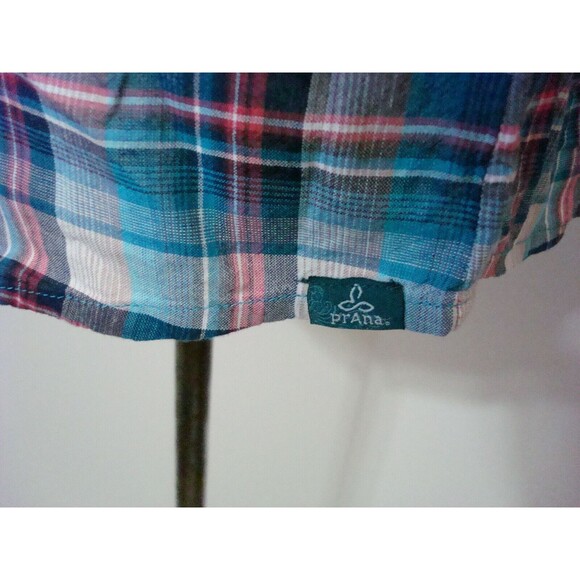 New Womens NWT M Blue White Red Pink PrAna Top Plaid Organic Casual Gina Roll - Picture 6 of 9